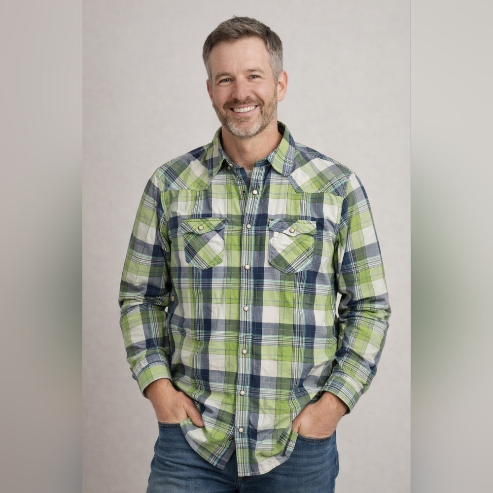 Aeropostale L Plaid Snap Shirt Green Blue Western Cowboy Casual